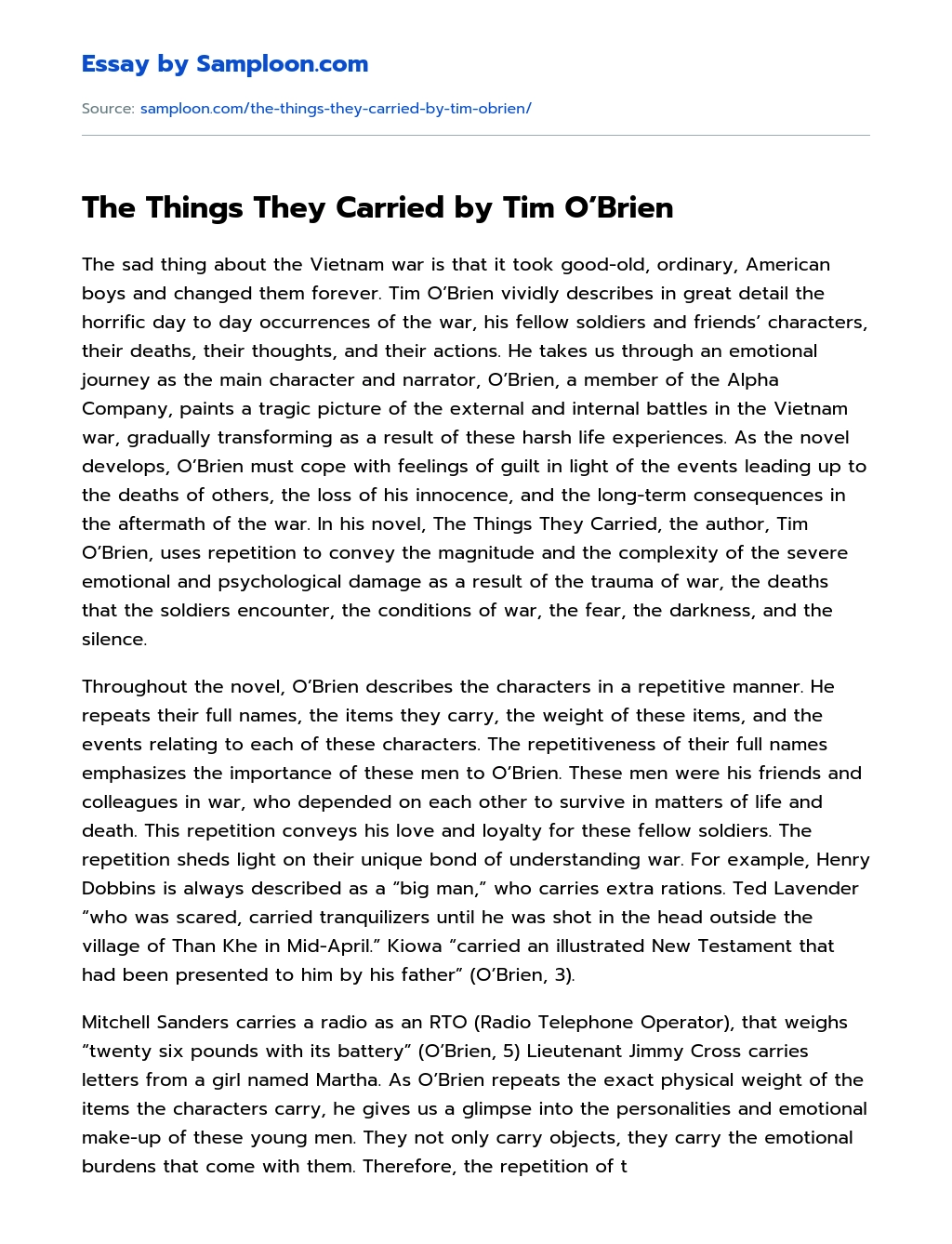 The Things They Carried by Tim O’Brien essay