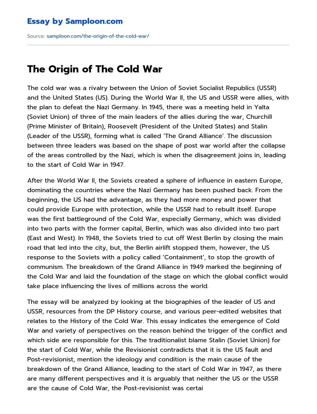 The Origin of The Cold War Argumentative Essay essay