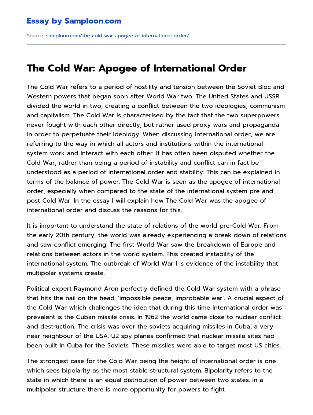 The Cold War: Apogee of International Order essay