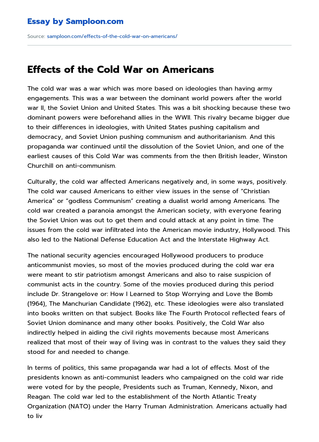 Effects of the Cold War on Americans essay
