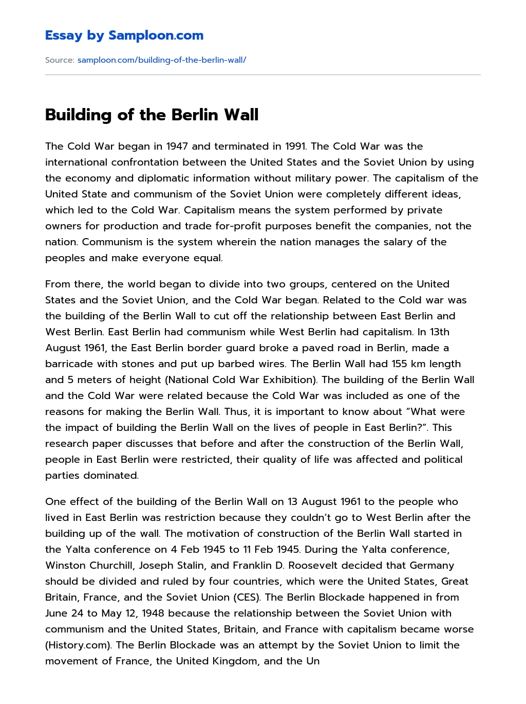 Building of the Berlin Wall essay