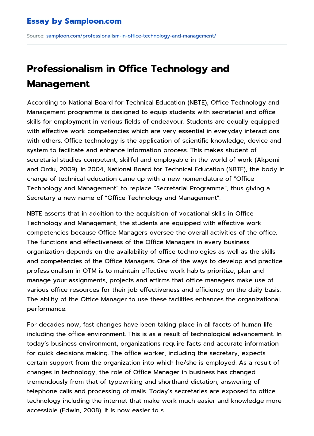 Professionalism in Office Technology and Management Argumentative Essay essay