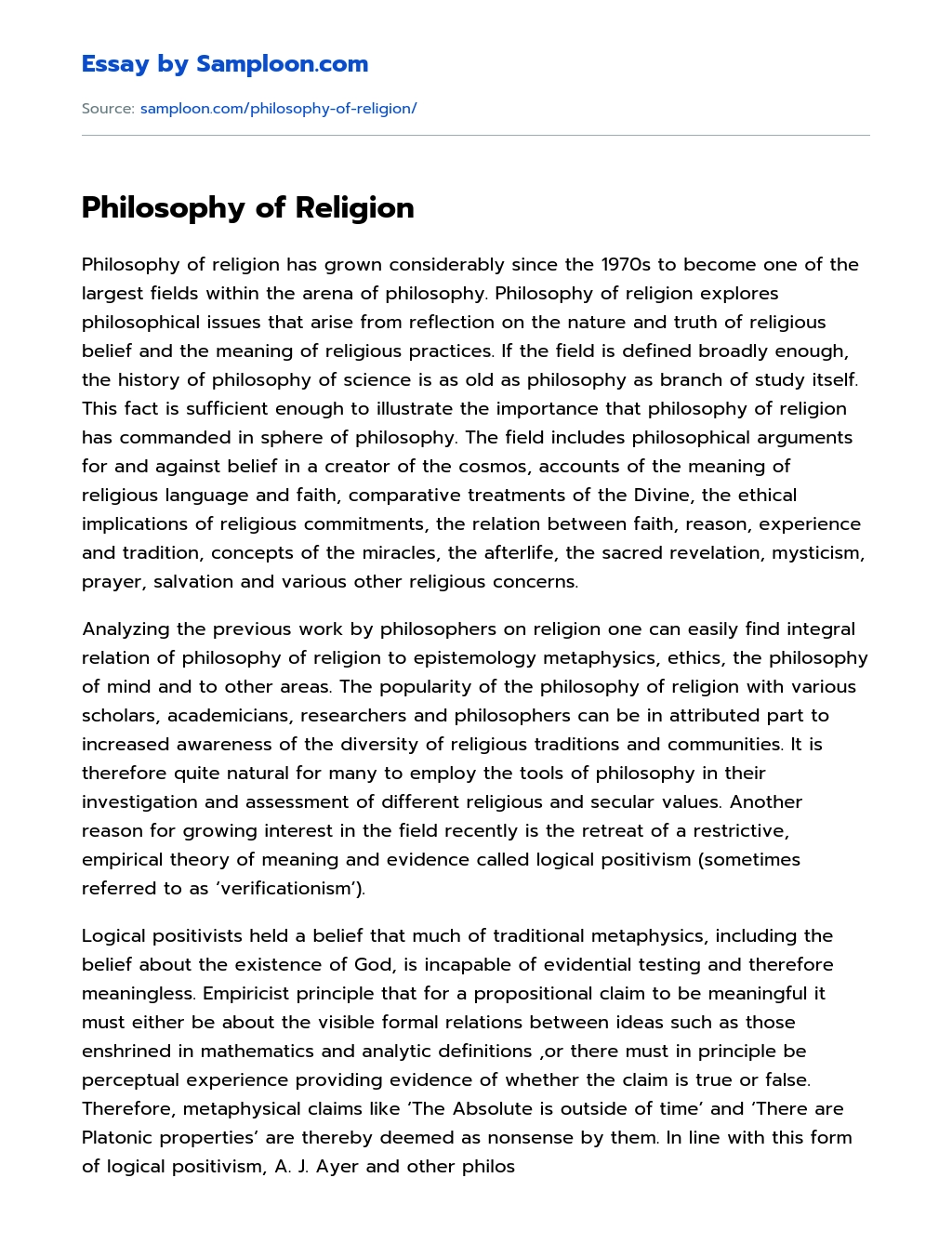 Philosophy of Religion essay