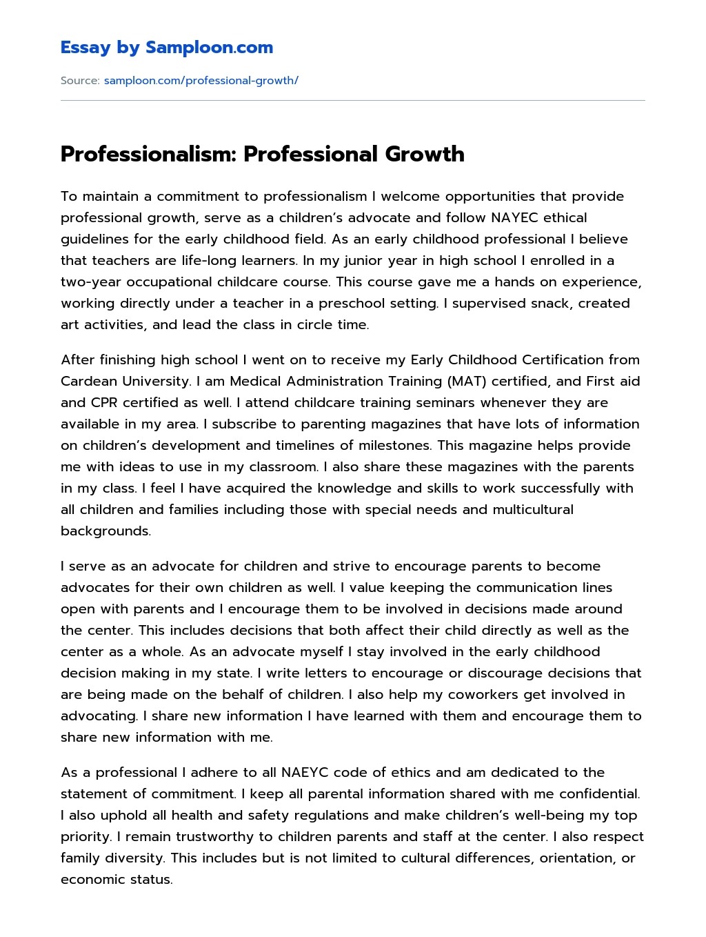 Professionalism: Professional Growth essay
