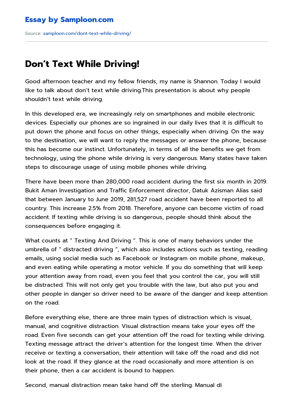 persuasive essay on not texting and driving