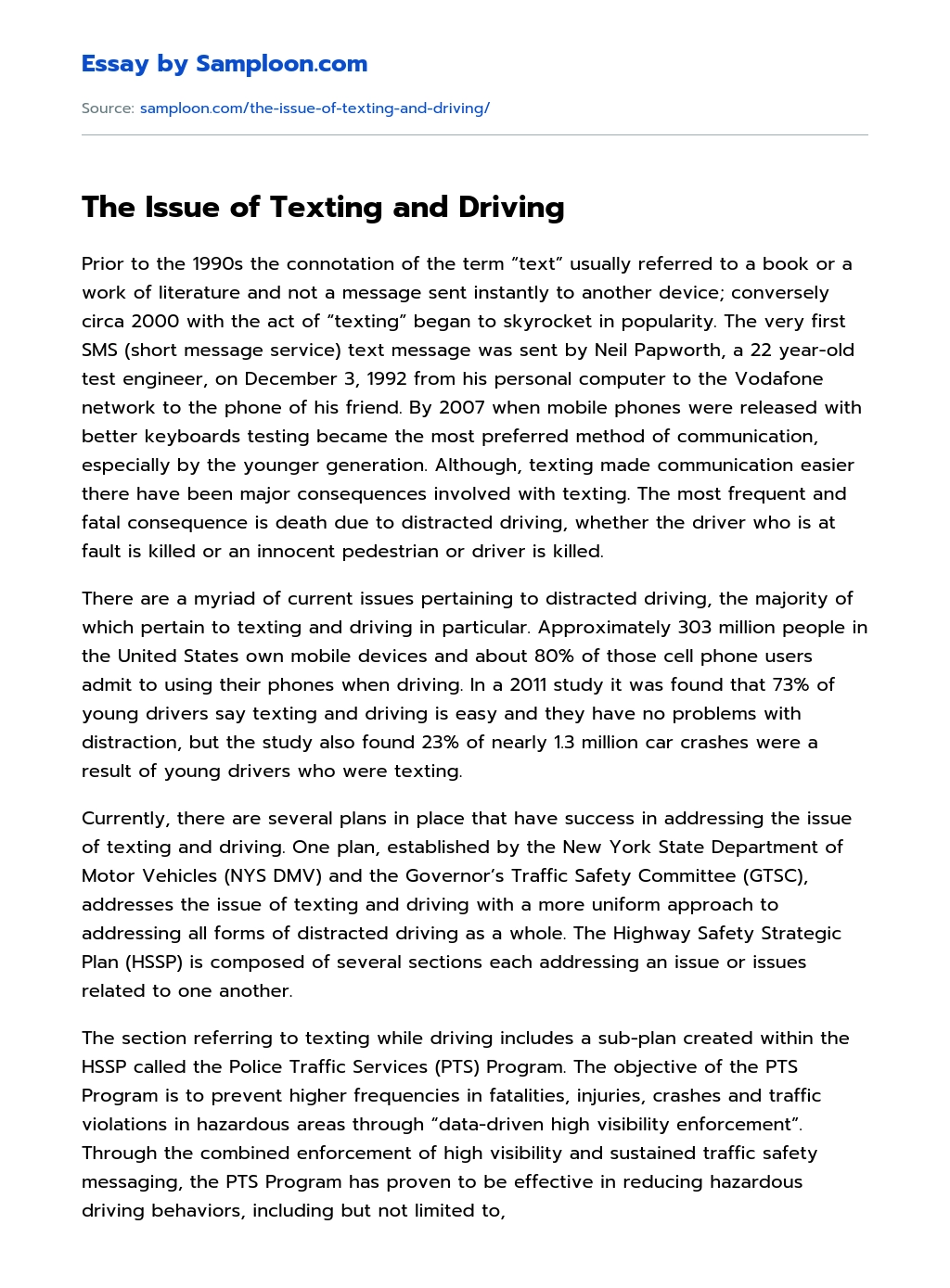The Issue of Texting and Driving essay