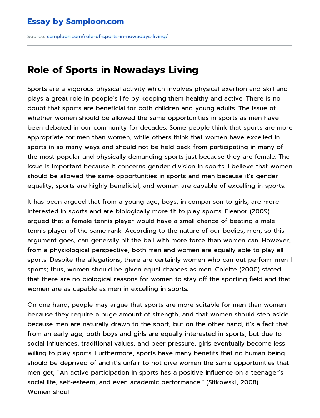 Role of Sports in Nowadays Living essay