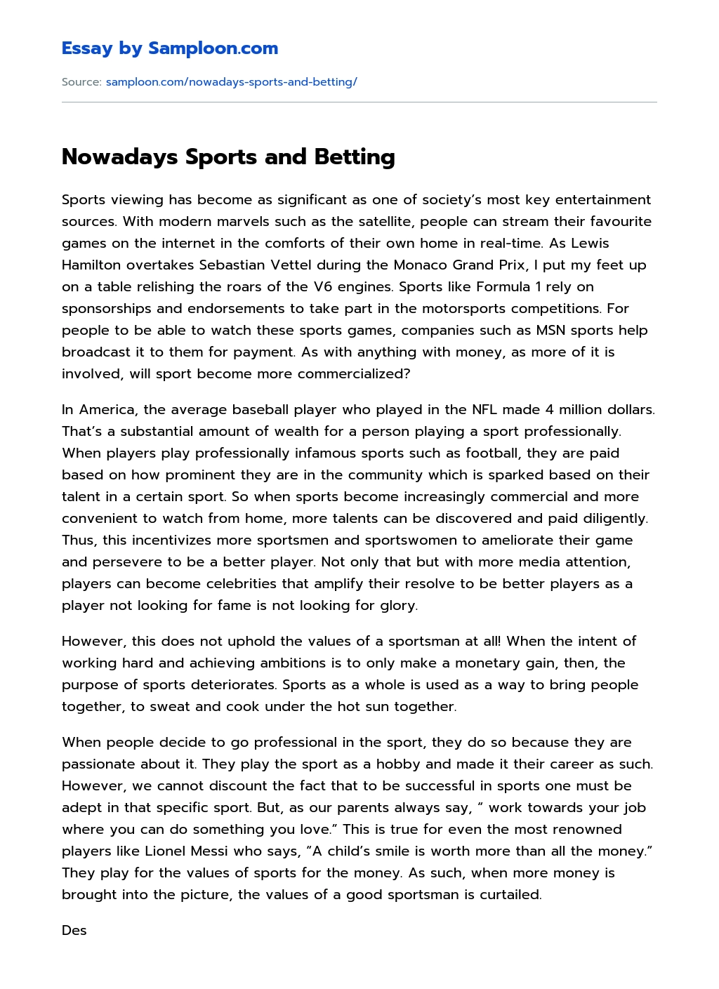 Nowadays Sports and Betting essay