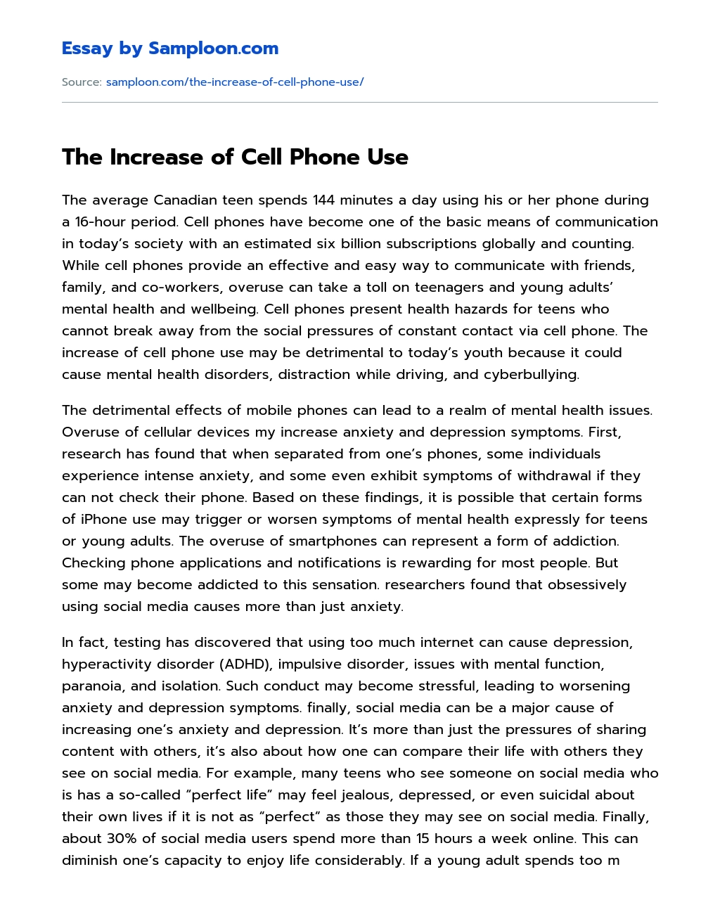 The Increase of Cell Phone Use essay