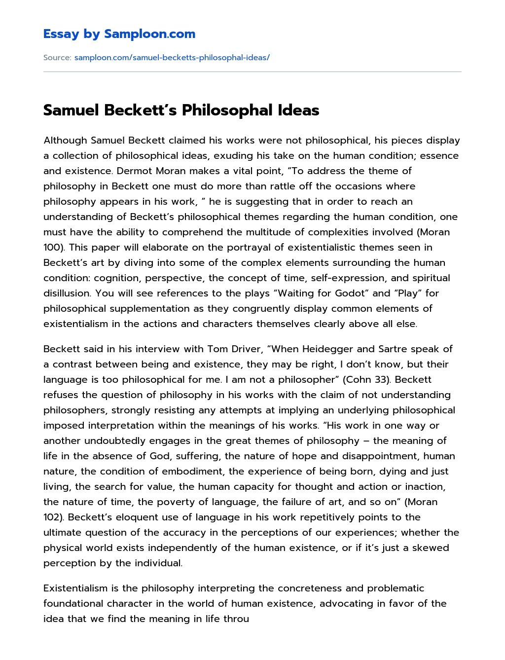 Samuel Beckett’s Philosophal Ideas essay