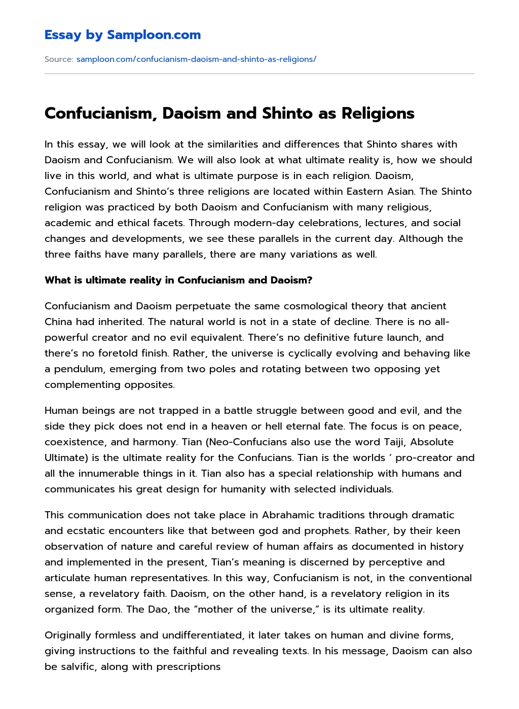 Confucianism, Daoism and Shinto as Religions Compare And Contrast essay