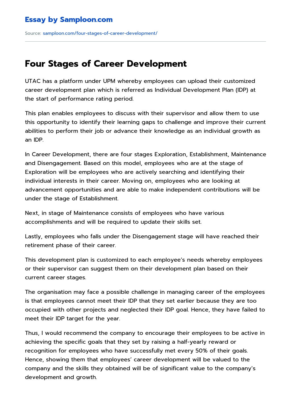 Four Stages of Career Development essay