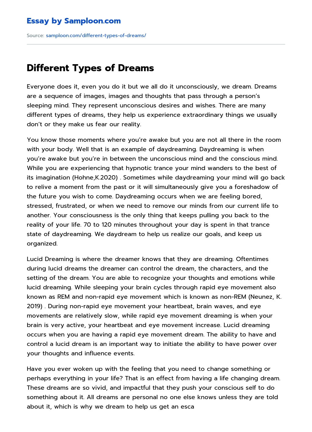 Different Types of Dreams essay