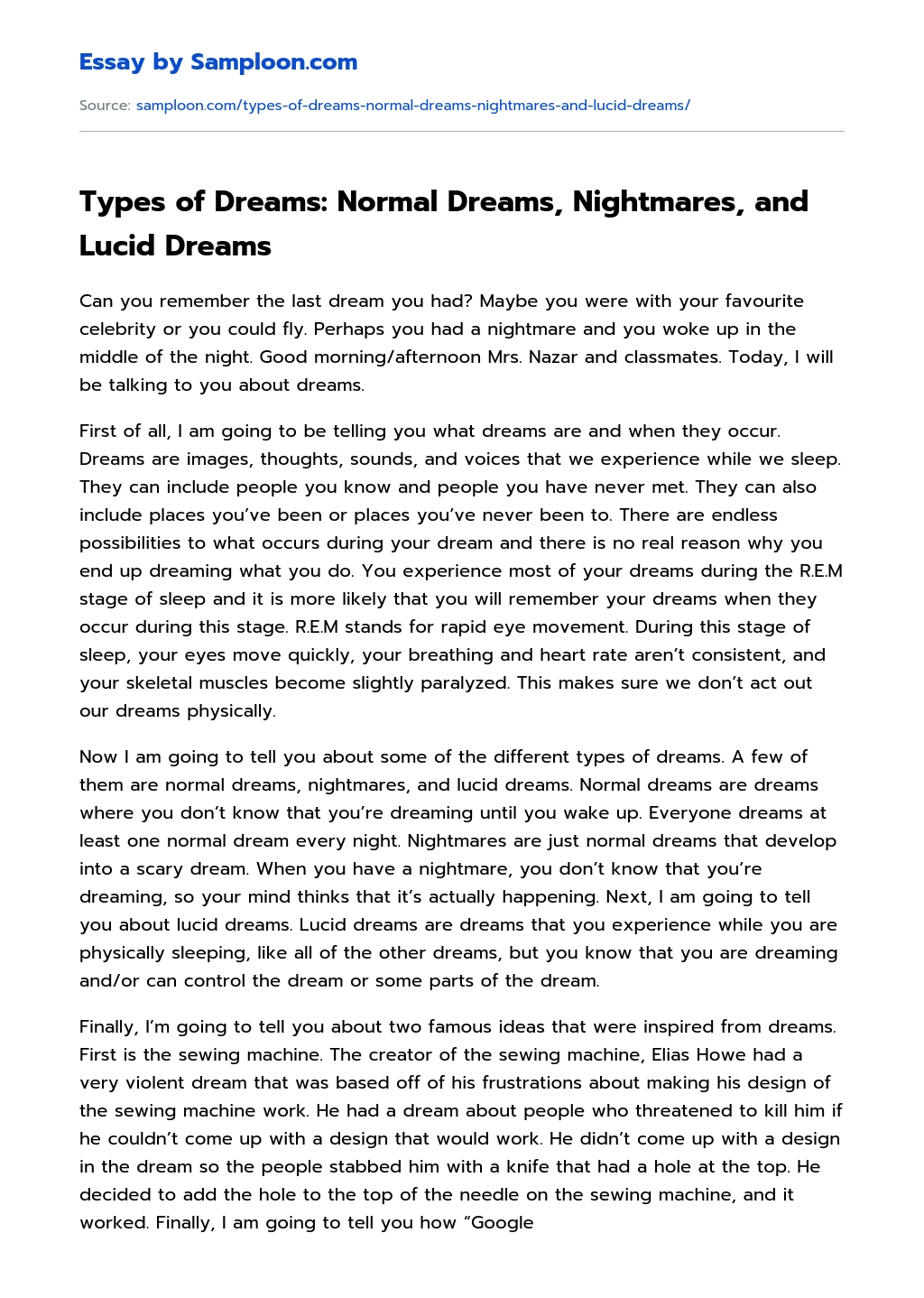 Types of Dreams: Normal Dreams, Nightmares, and Lucid Dreams essay