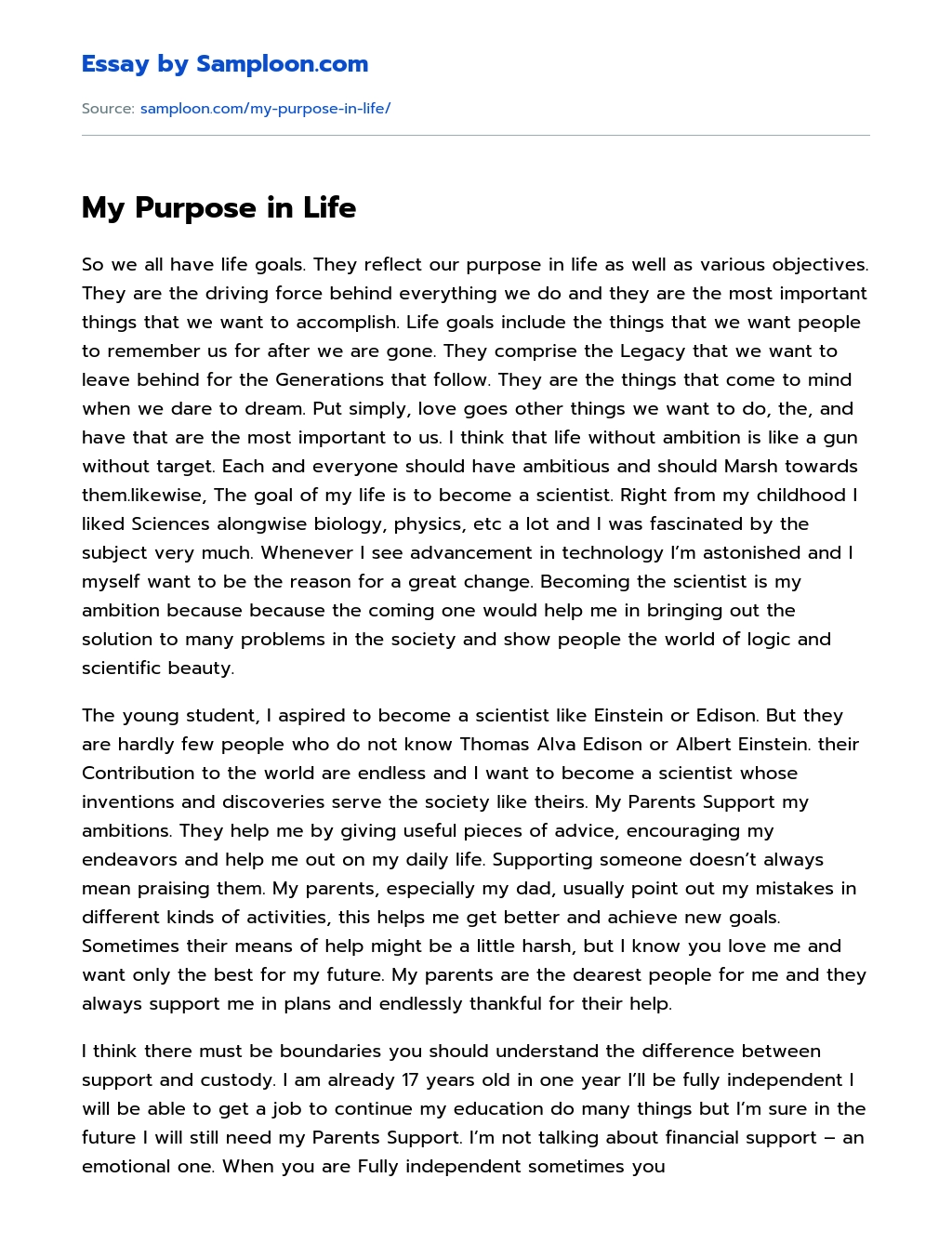  My Purpose In Life Free Essay Sample On Samploon