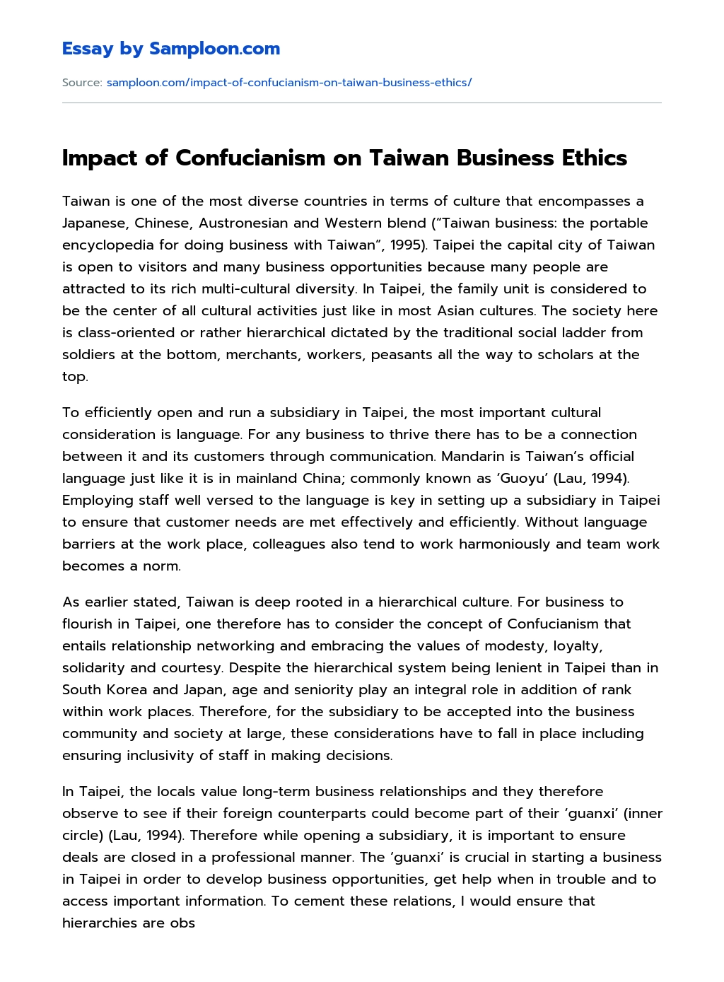 Impact of Confucianism on Taiwan Business Ethics essay