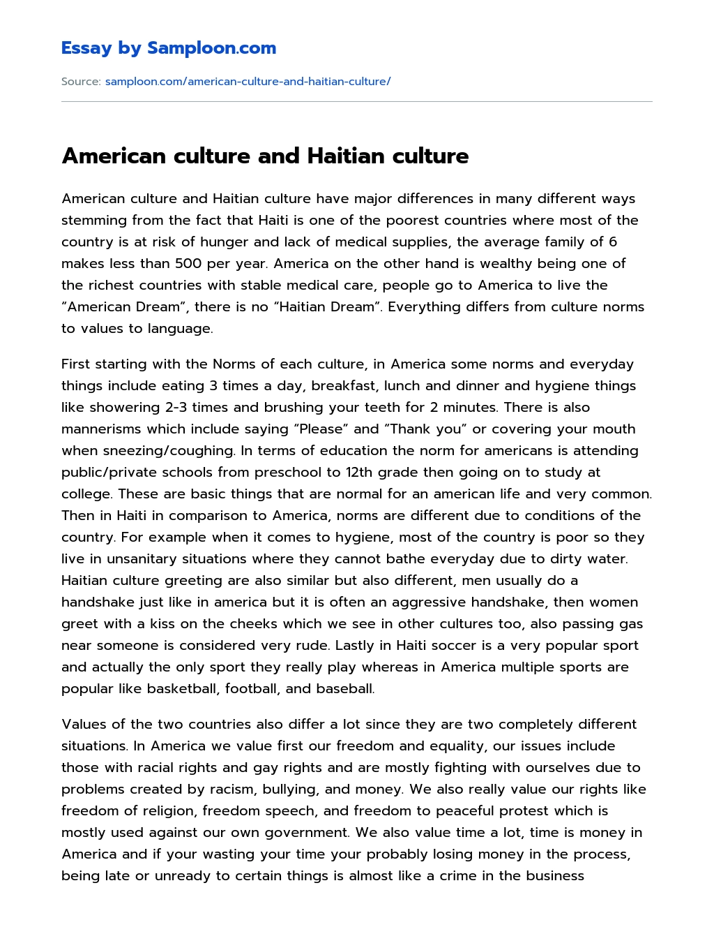 American culture and Haitian culture essay