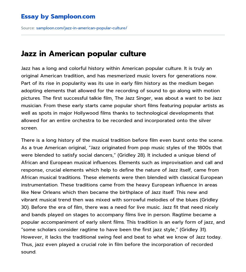 Jazz in American popular culture essay