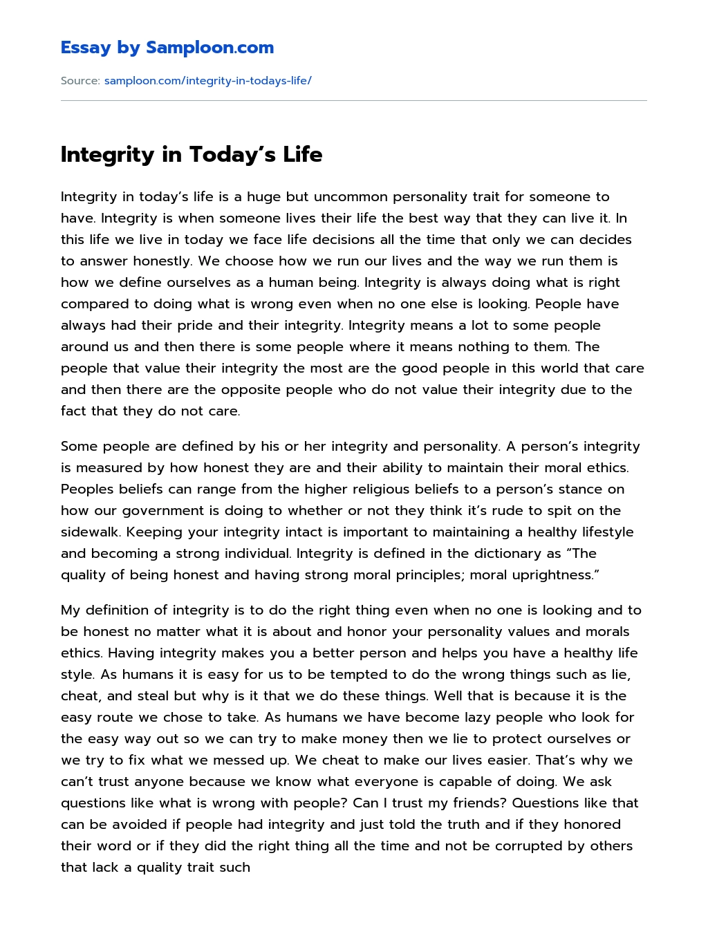 essay on integrity and development
