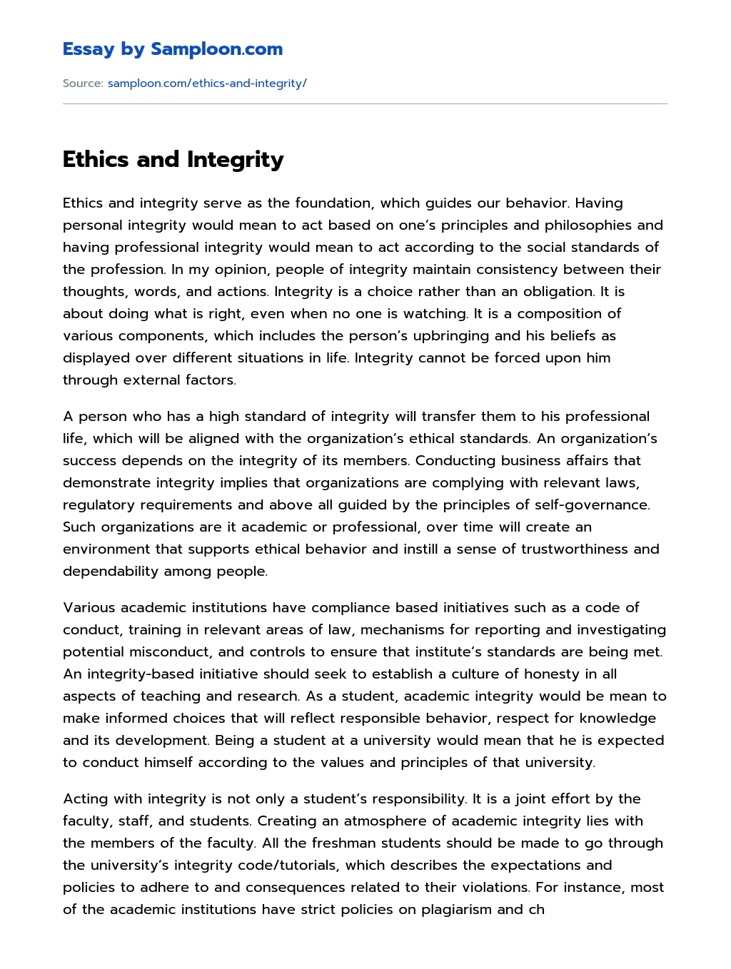 Ethics and Integrity Personal Essay essay