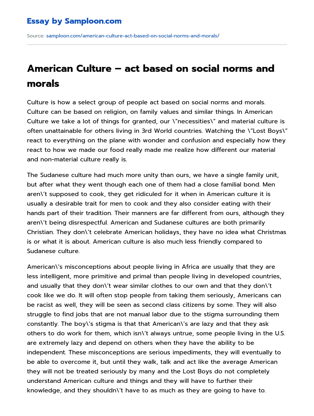 American Culture – act based on social norms and morals essay