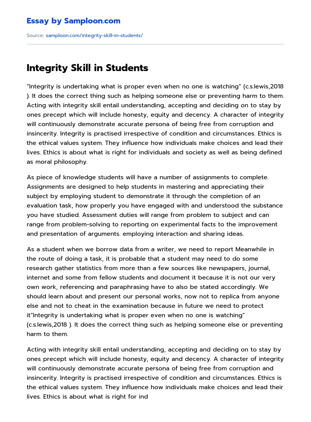 Integrity Skill in Students essay