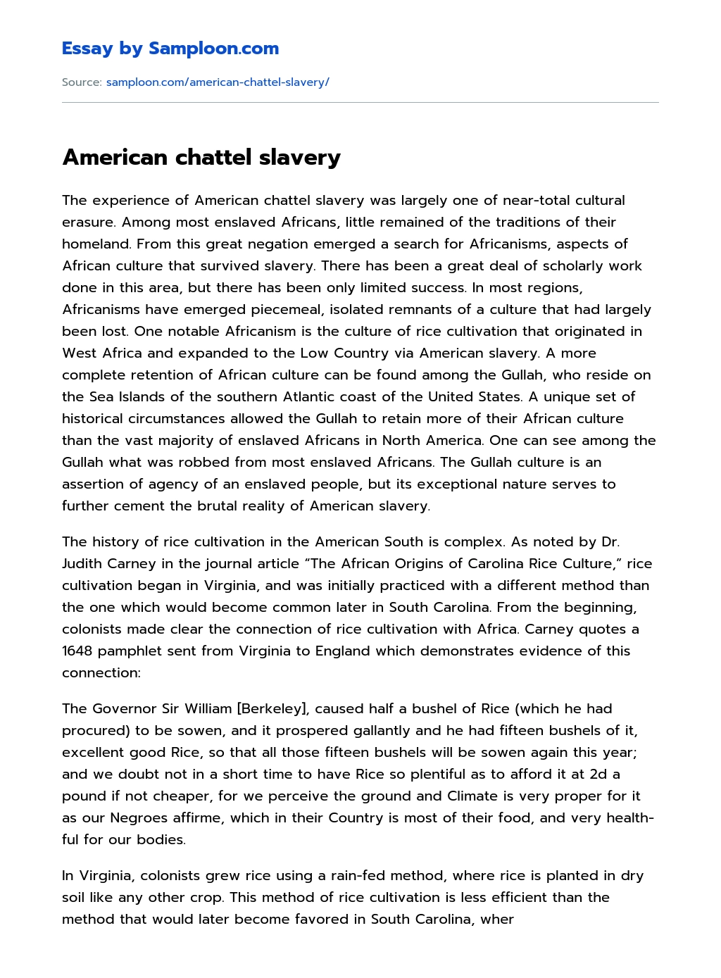 American chattel slavery essay