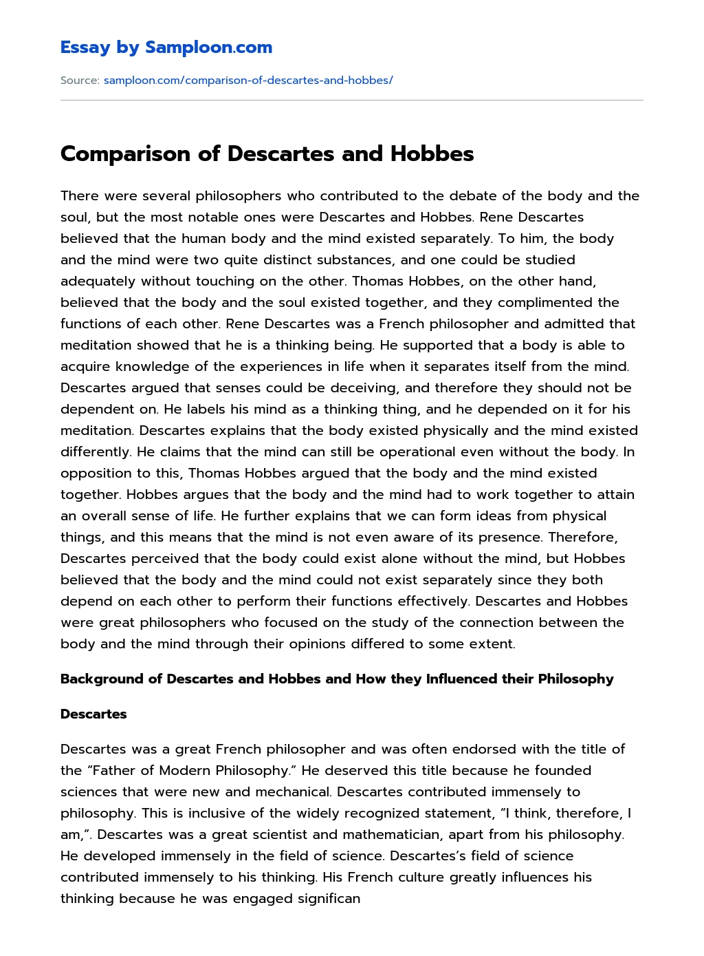 Comparison of Descartes and Hobbes essay
