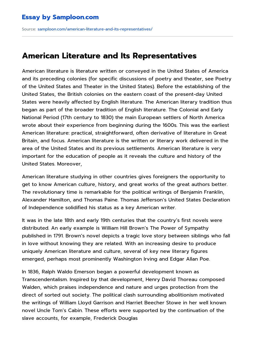 American Literature and Its Representatives Research Paper essay