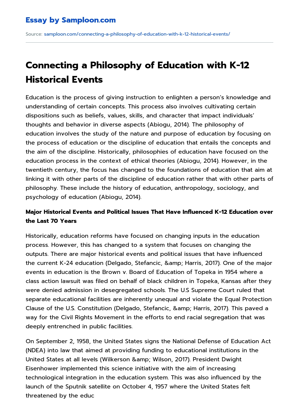 Connecting a Philosophy of Education with K-12 Historical Events Personal Essay essay