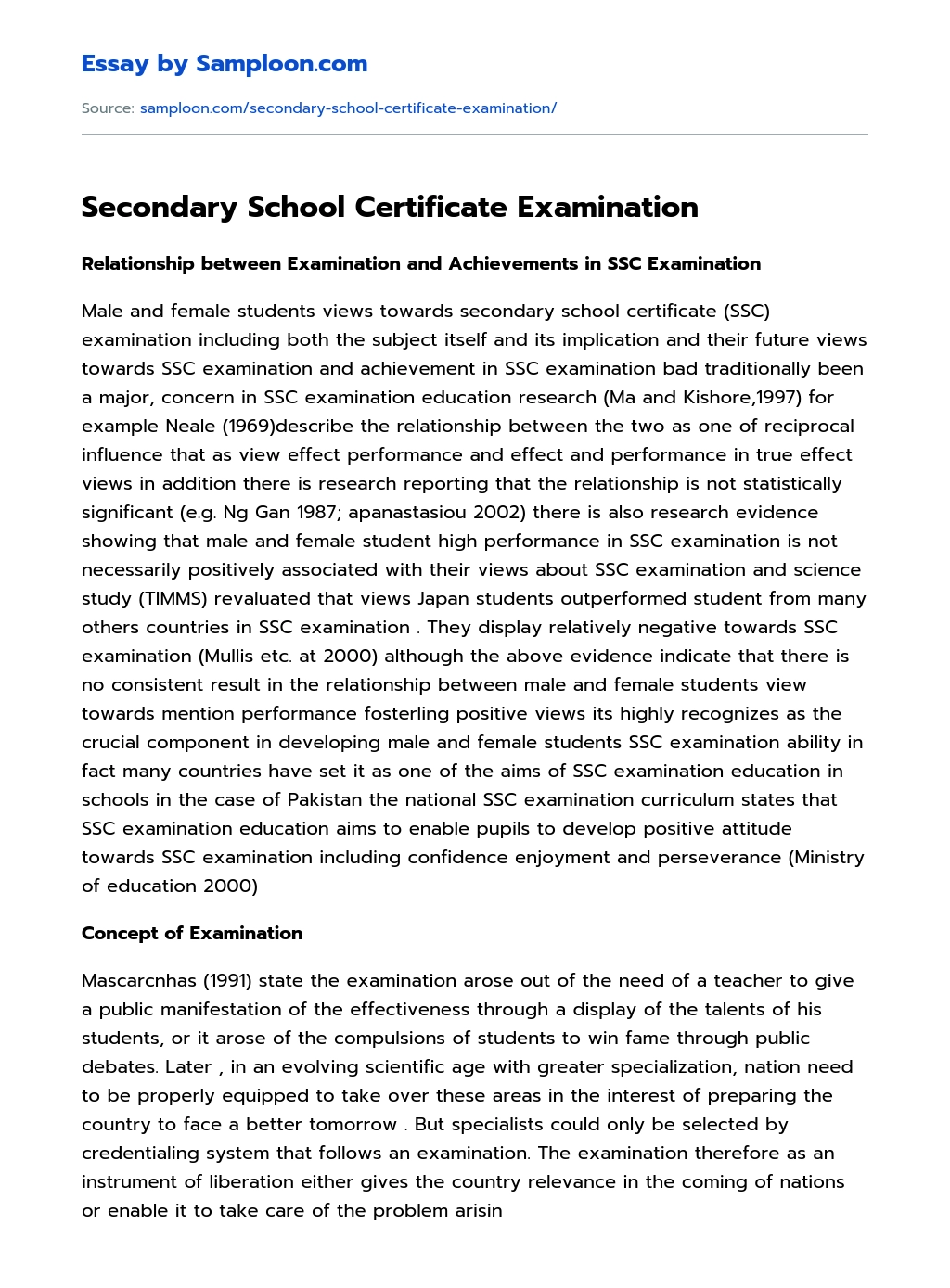 Secondary School Certificate Examination essay