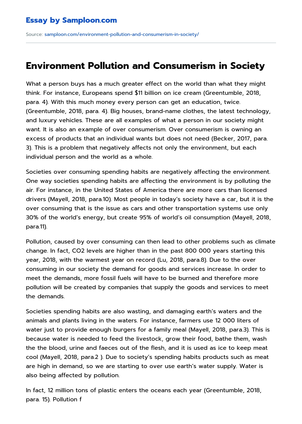Environment Pollution and Consumerism in Society essay