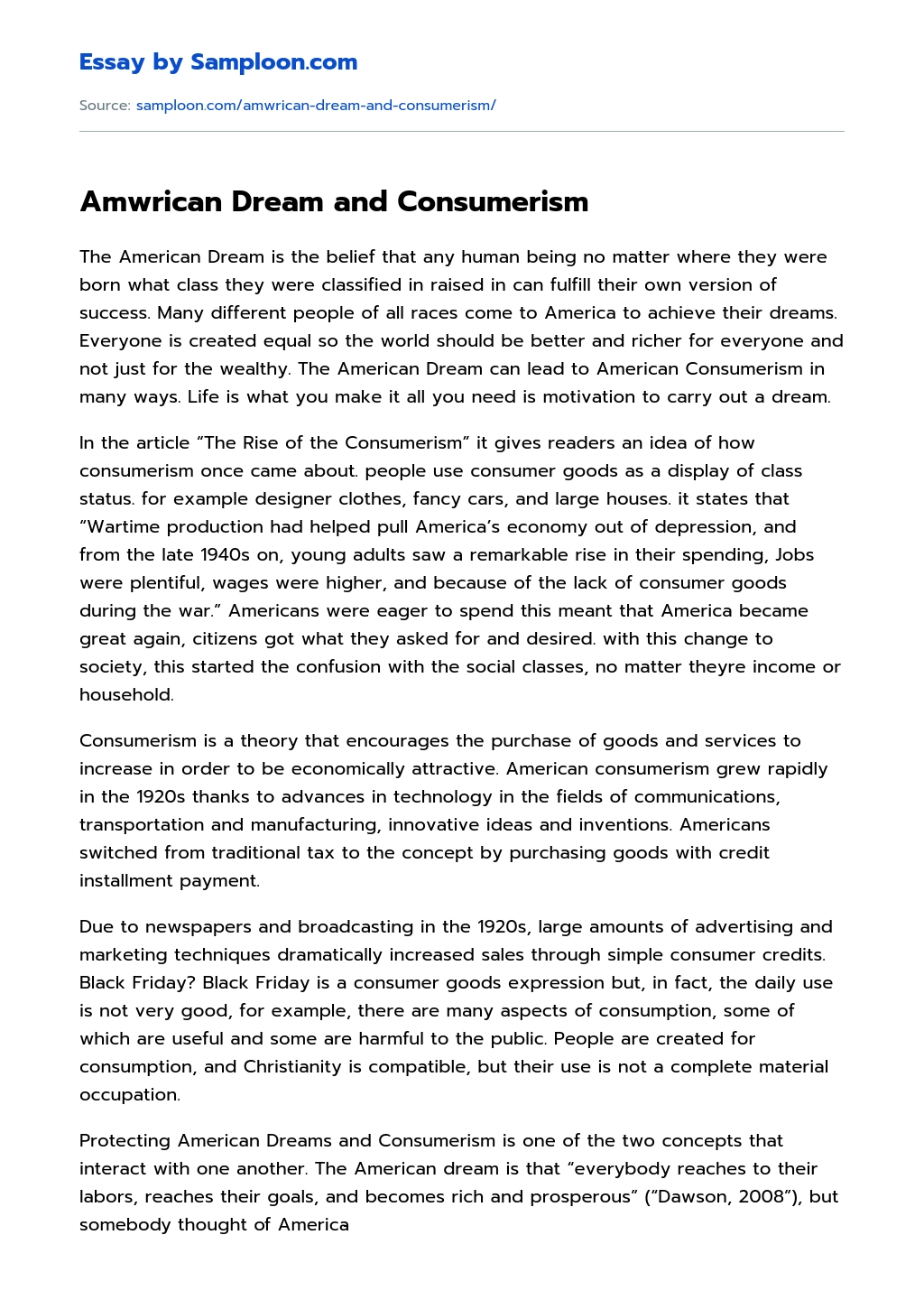 Amwrican Dream and Consumerism essay