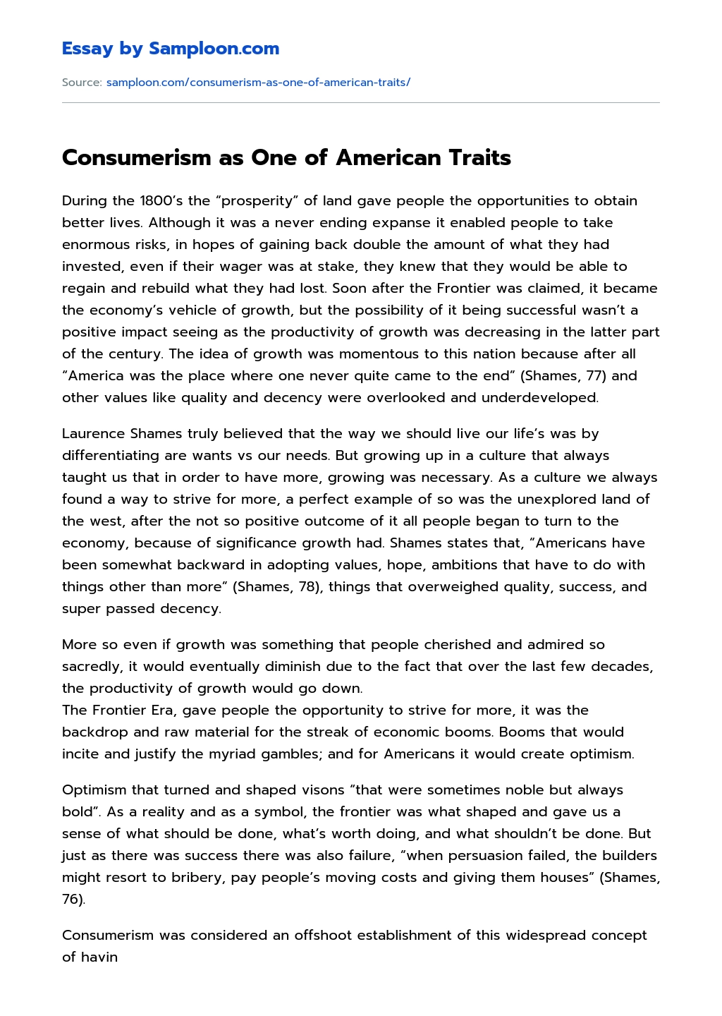 Consumerism as One of American Traits essay
