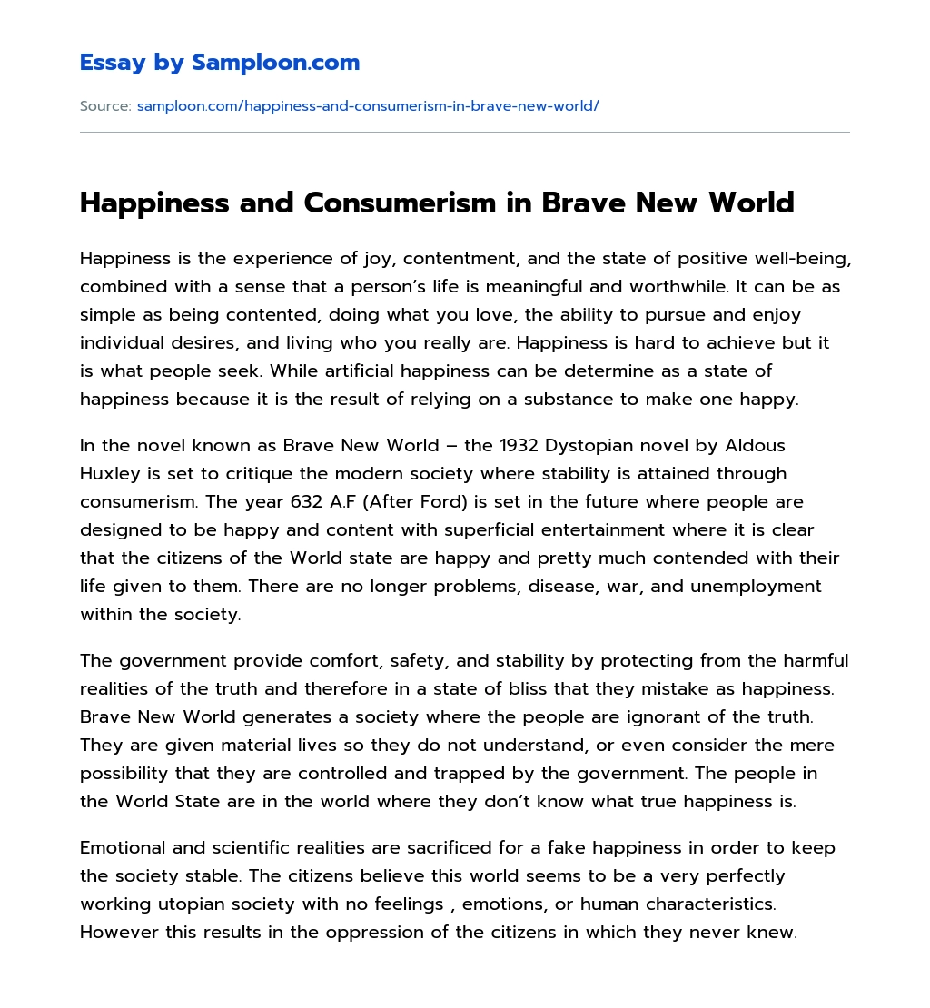 Happiness and Consumerism in Brave New World essay