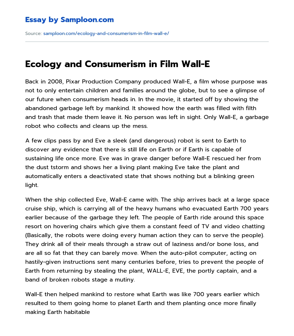 Ecology and Consumerism in Film Wall-E essay