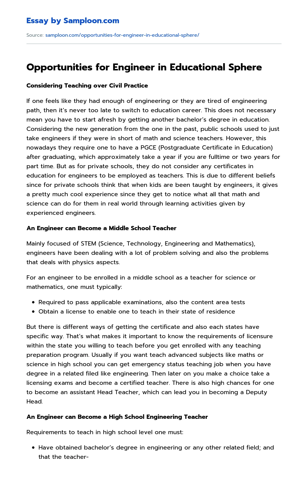 Opportunities for Engineer in Educational Sphere essay