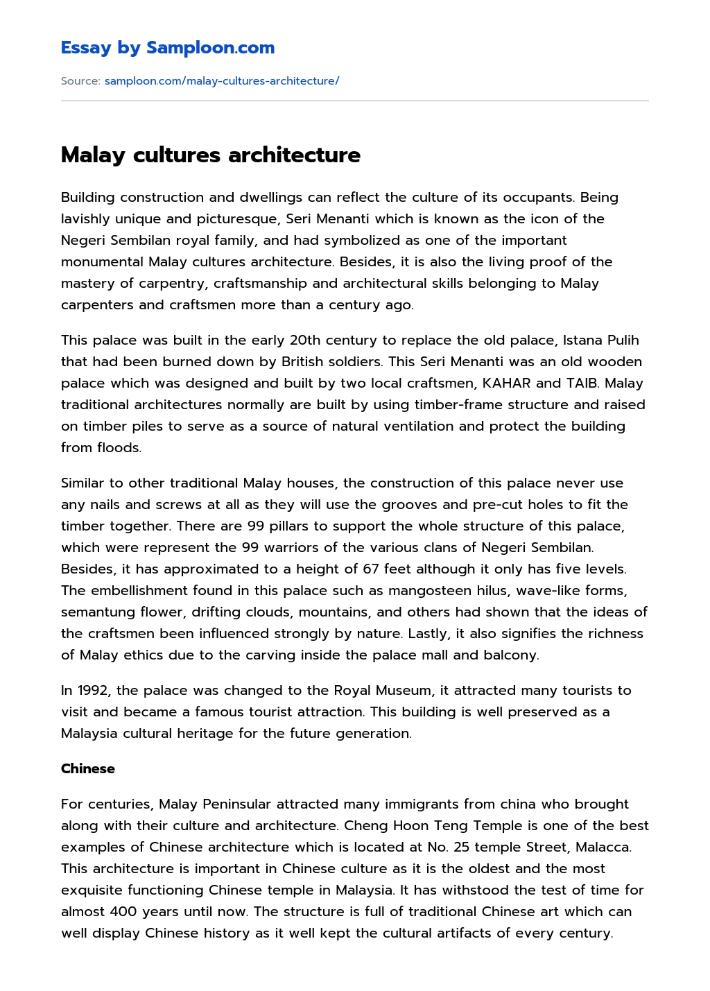Malay cultures architecture essay