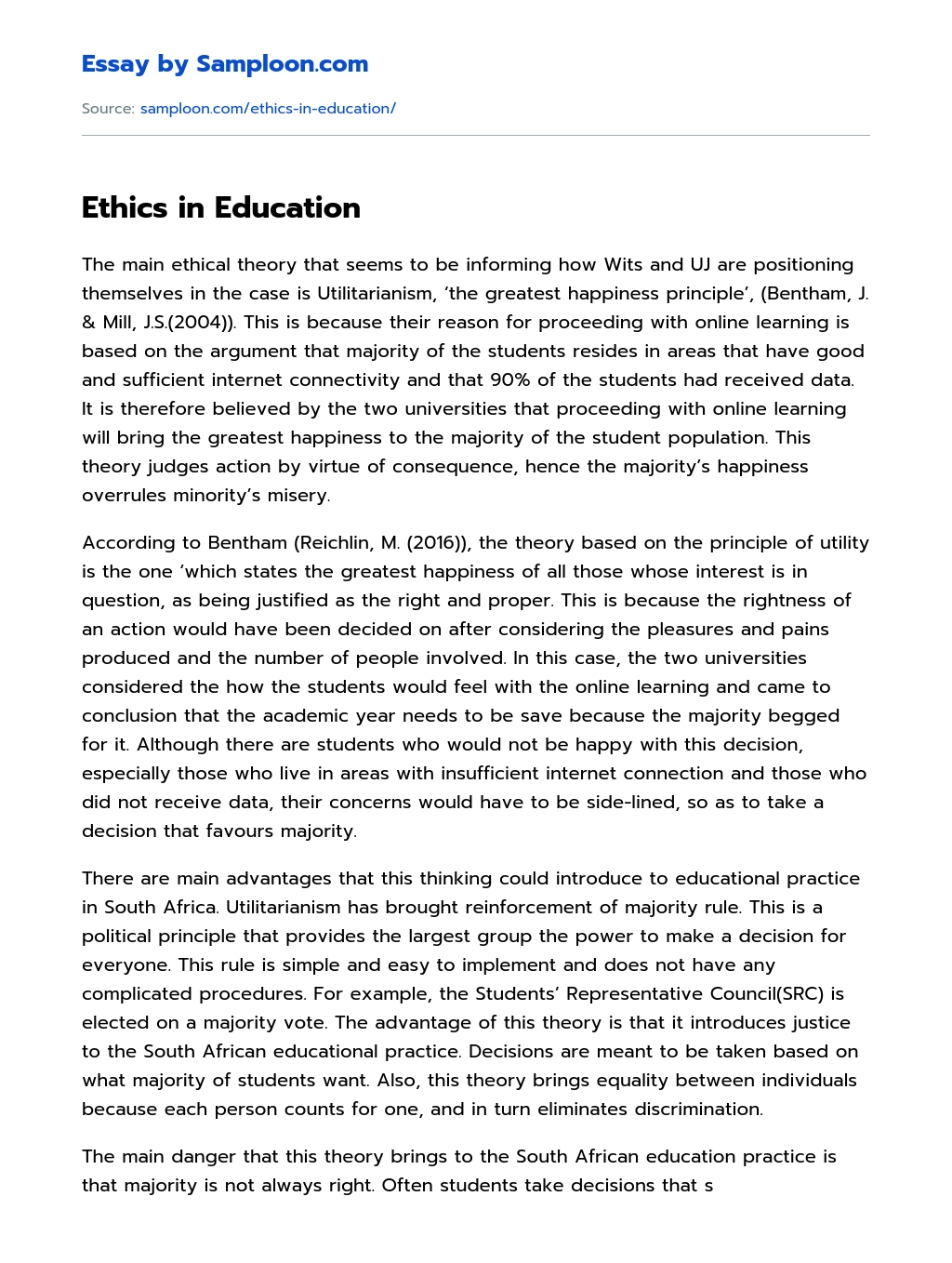 Ethics in Education essay
