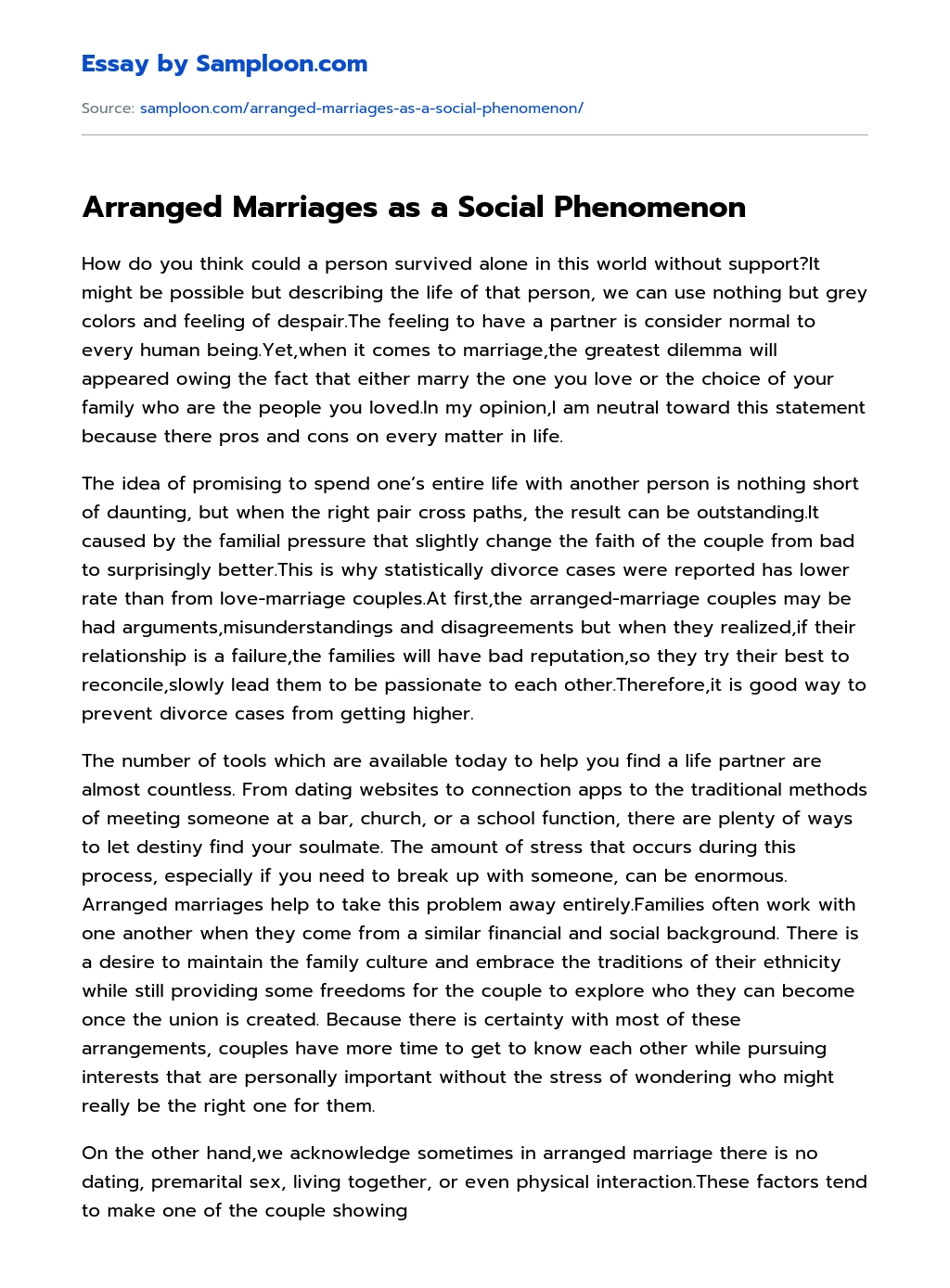 Arranged Marriages as a Social Phenomenon Argumentative Essay essay