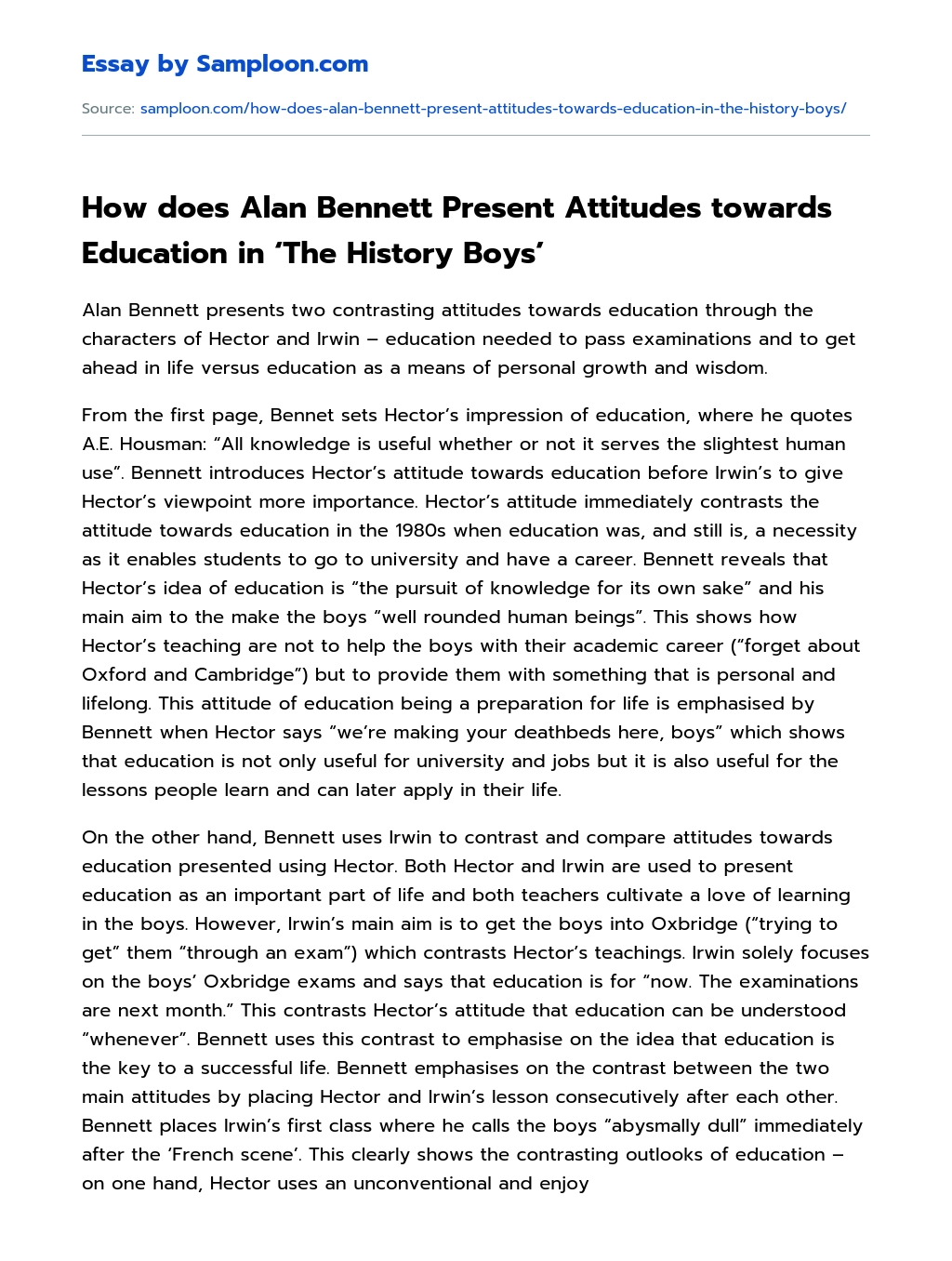 How does Alan Bennett Present Attitudes towards Education in ‘The History Boys’ Analytical Essay essay