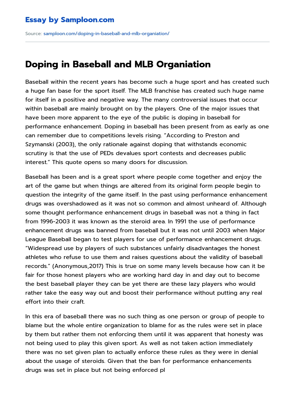 Doping in Baseball and MLB Organiation essay