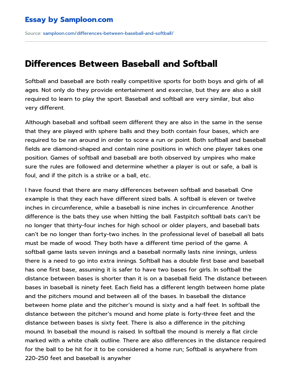Differences Between Baseball and Softball essay