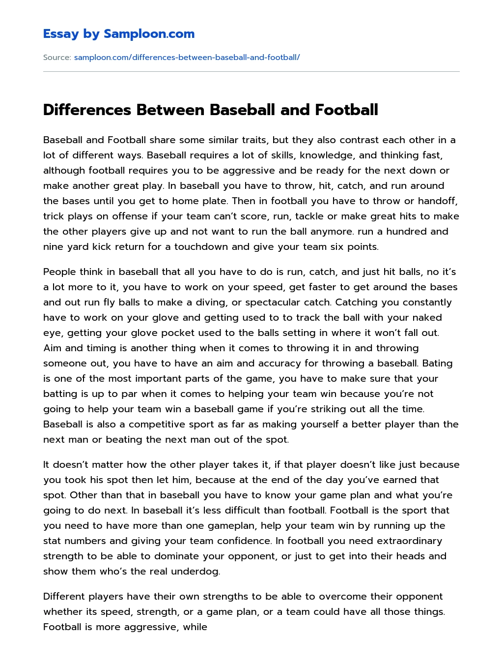 Differences Between Baseball and Football Compare And Contrast essay