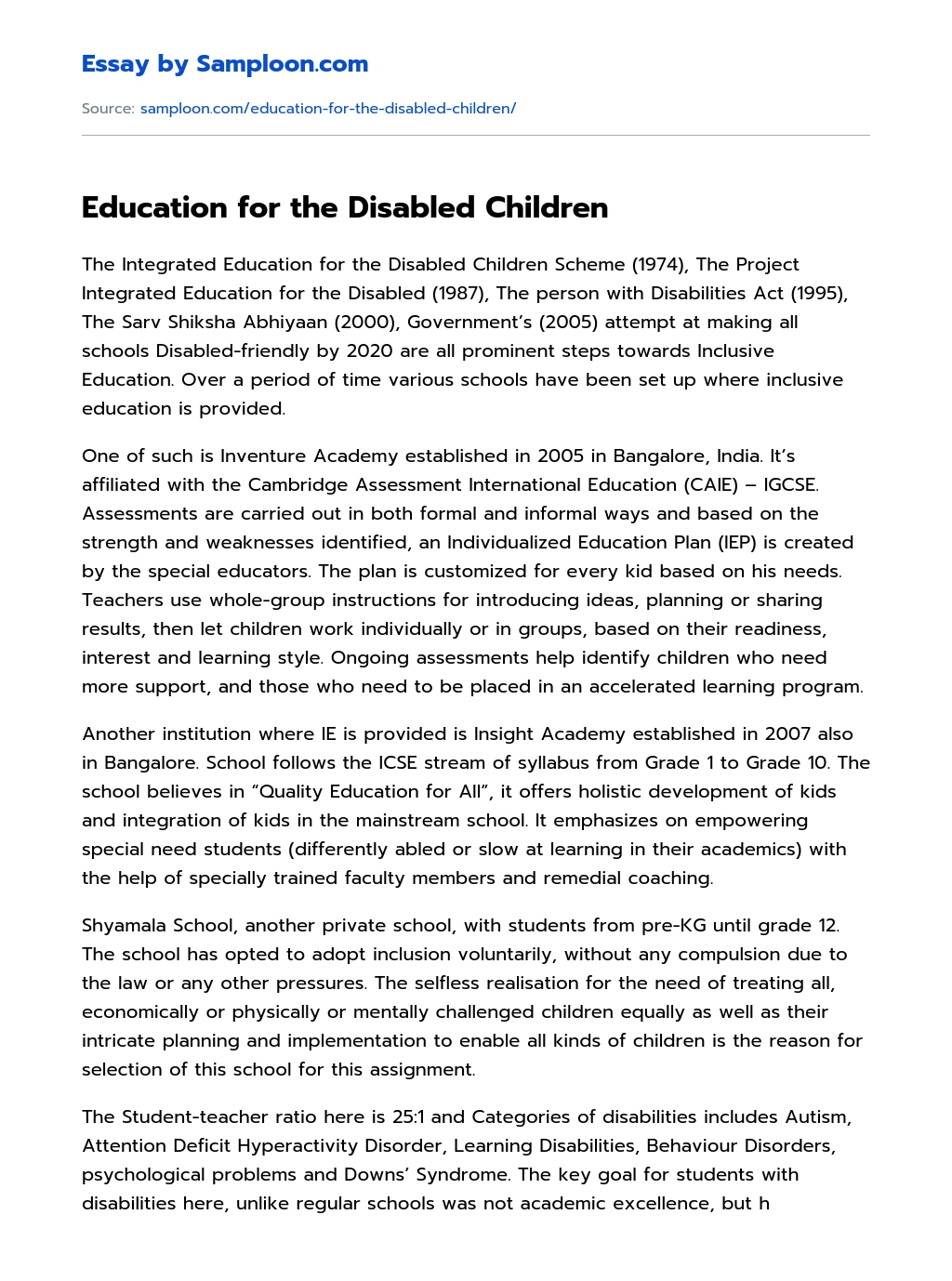 Education for the Disabled Children essay