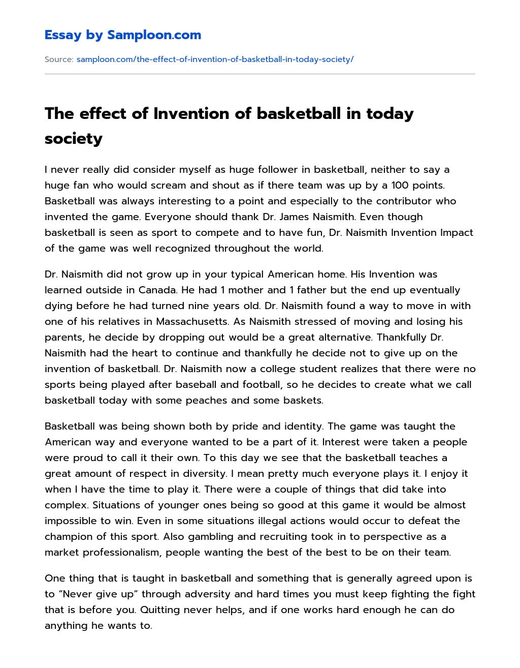 The effect of Invention of basketball in today society essay
