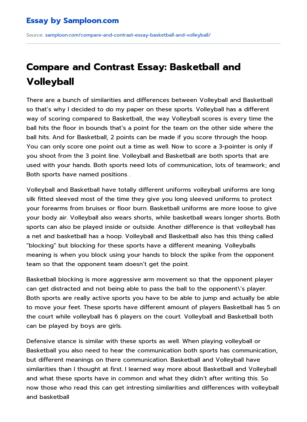 Compare and Contrast Essay: Basketball and Volleyball essay