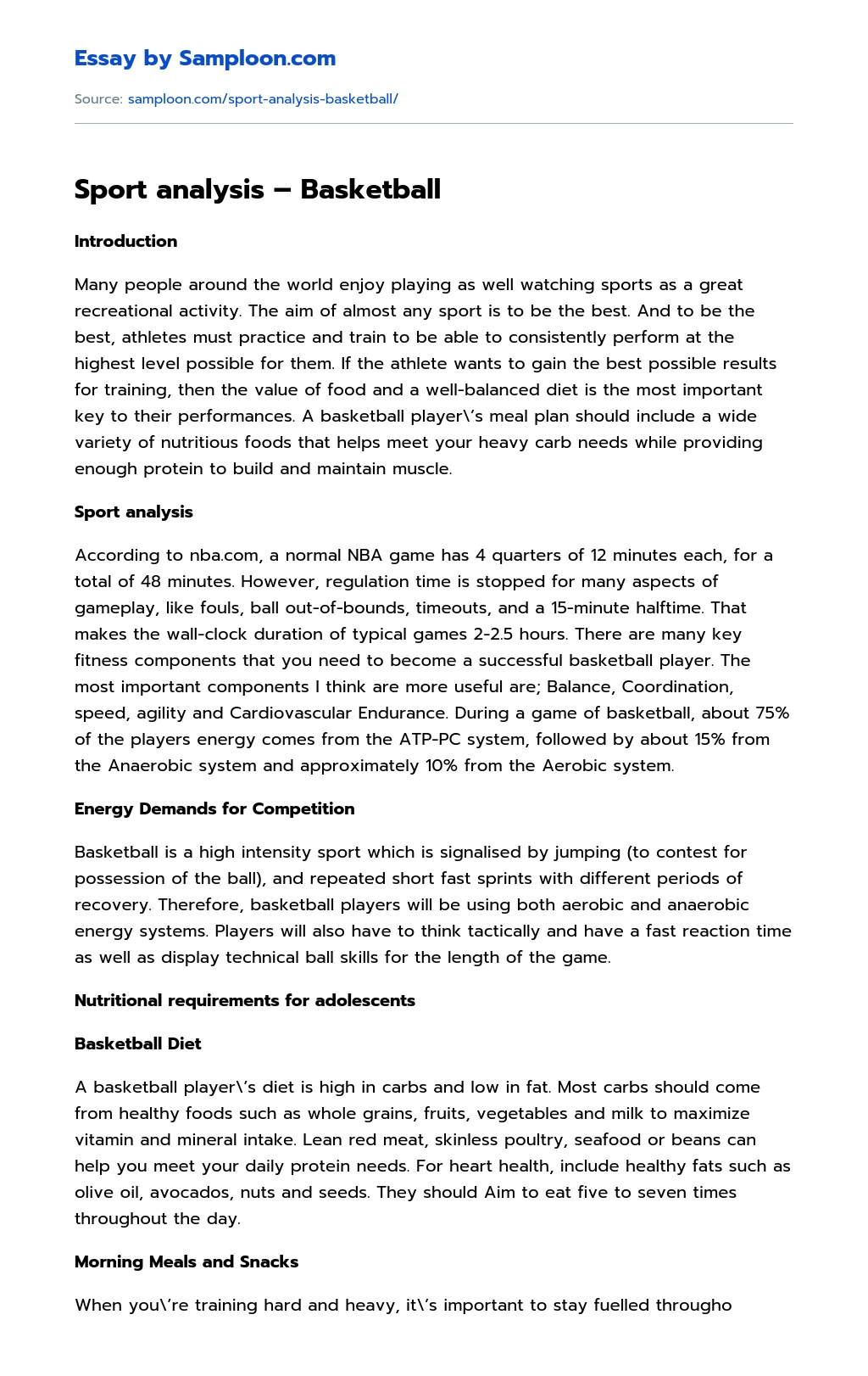 Sport analysis – Basketball Analytical Essay essay