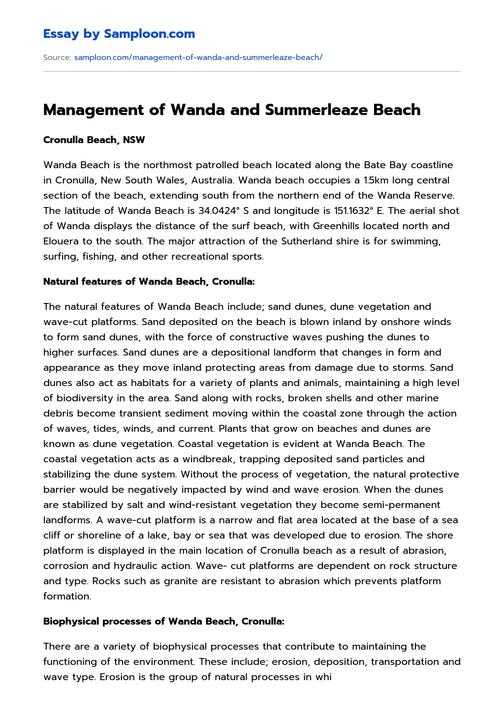 Management of Wanda and Summerleaze Beach Reflective Essay essay