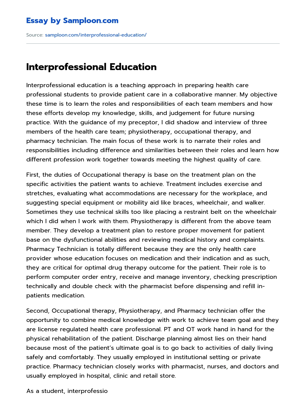 Interprofessional Education essay